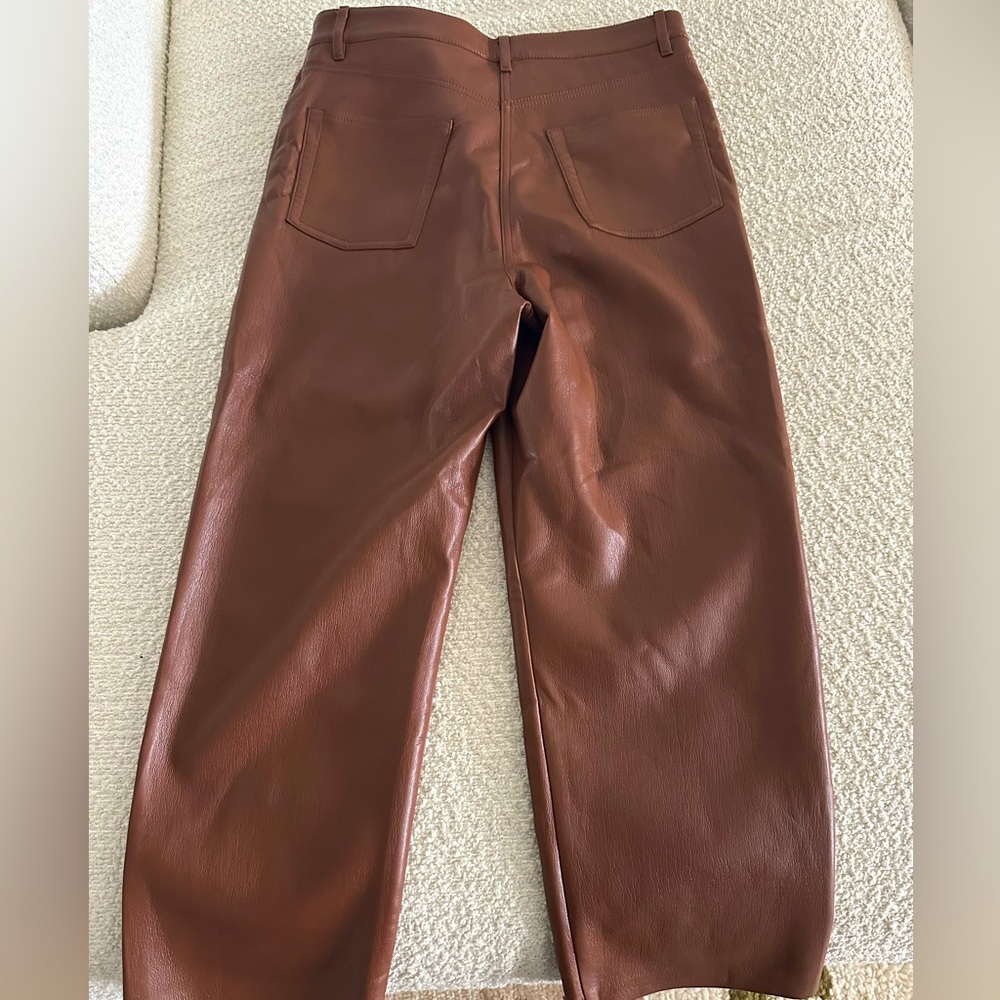 Wilfred (Aritzia) brown “leather” straight leg pants.